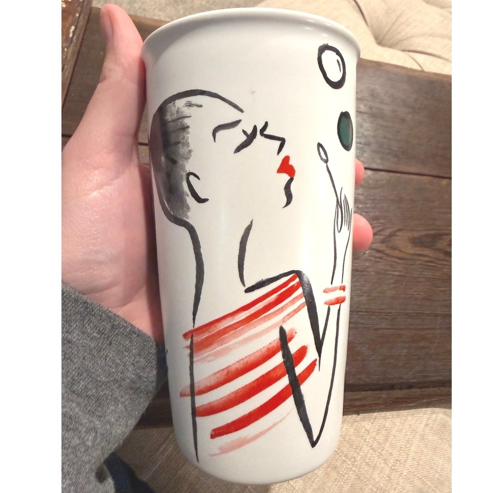 Starbucks 2015 Ceramic Double Wall Traveler Mug 12oz Woman Blowing Bubbles Red